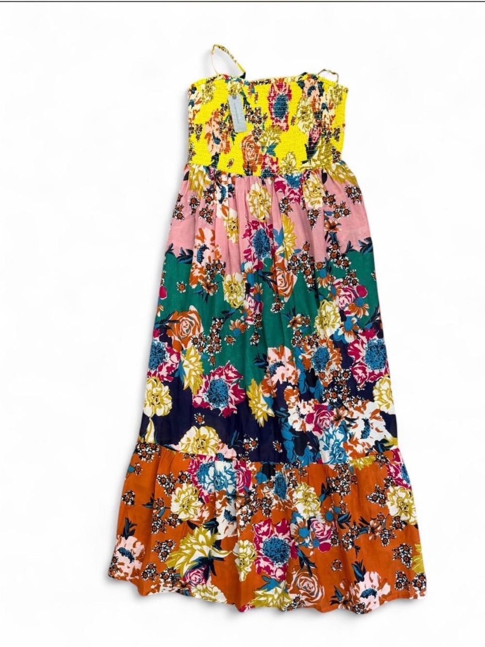 Anthropologie Multicolor Floral Tiered Maxi Dress with Yellow Smocked Bodice